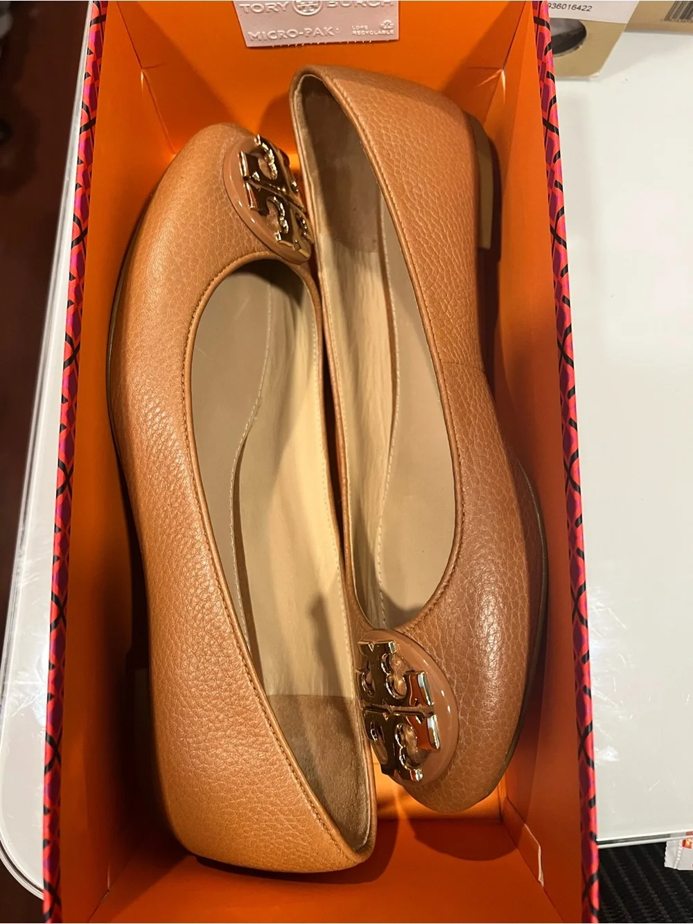 Tory Burch Cognac Leather Ballet Flats with Gold Logo